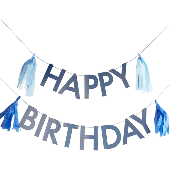Girlang Happy Birthday Blå med Tofsar
