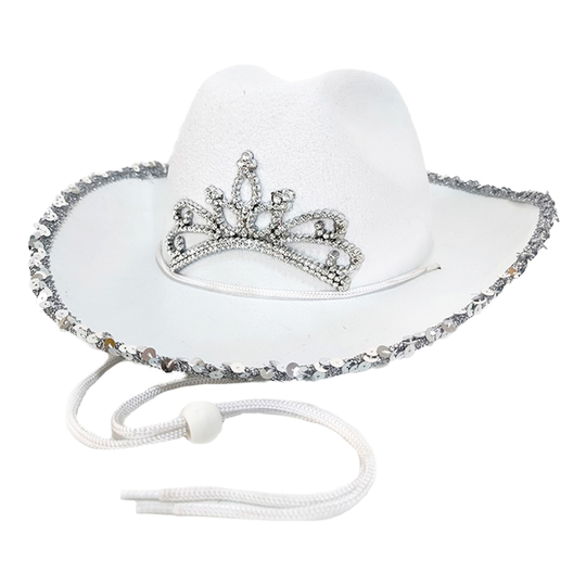 Vit Cowboyhatt med Tiara - One size
