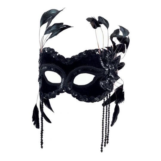Sammetsmask Svart med Fjädrar - One size