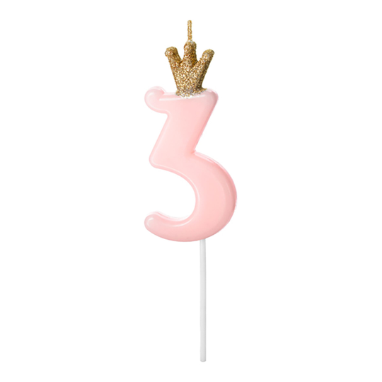 Tårtljus Siffra med Krona Rosa - 3 år