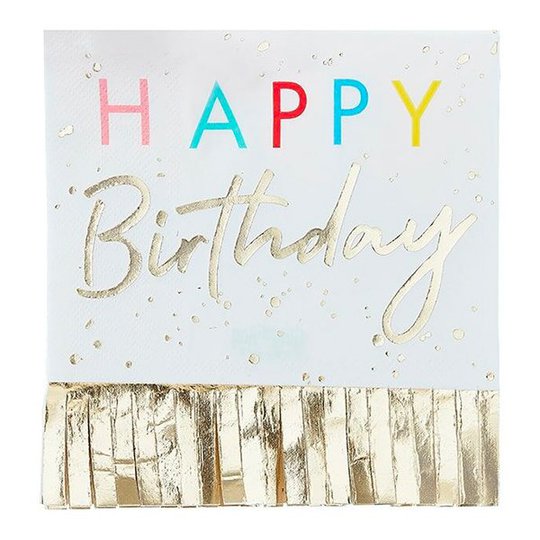 Servetter Happy Birthday med Guldfransar - 16-pack