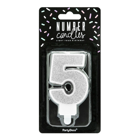 Tårtljus Siffra Silver Glitter - Siffra 5