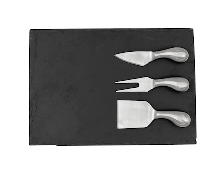 Ostbricka med 3 knivar och skifferbräda