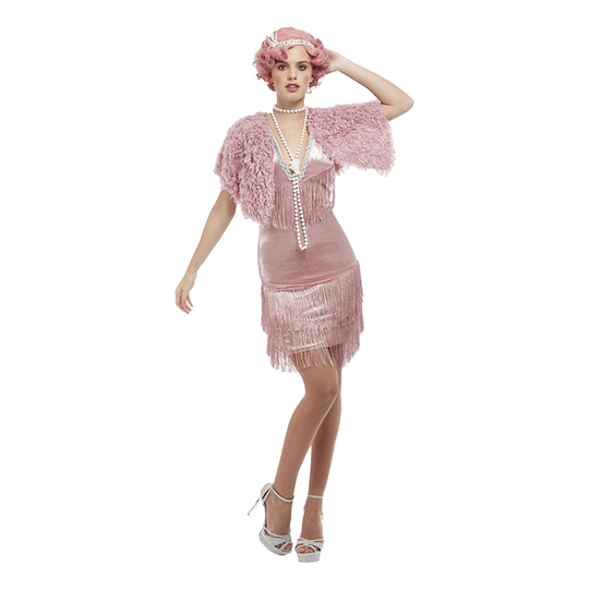 20-tals Vintage Kort Flapper Ljusrosa Maskeraddräkt - Large