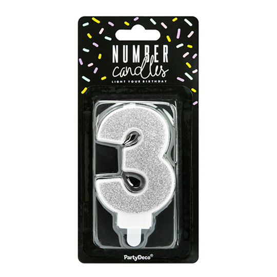 Tårtljus Siffra Silver Glitter - Siffra 3