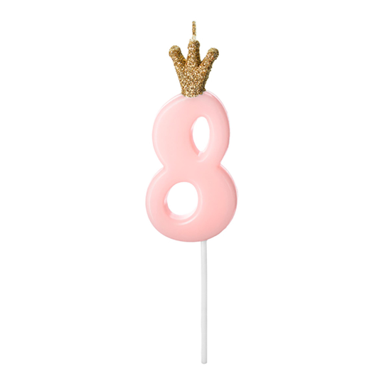 Tårtljus Siffra med Krona Rosa - 8 år