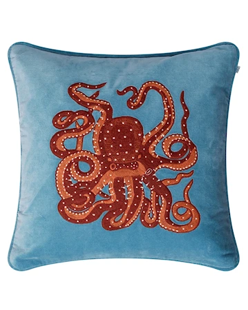 Embroidered Kuddfodral Octopus Himmelsblå/Orange/Rose 50x50cm