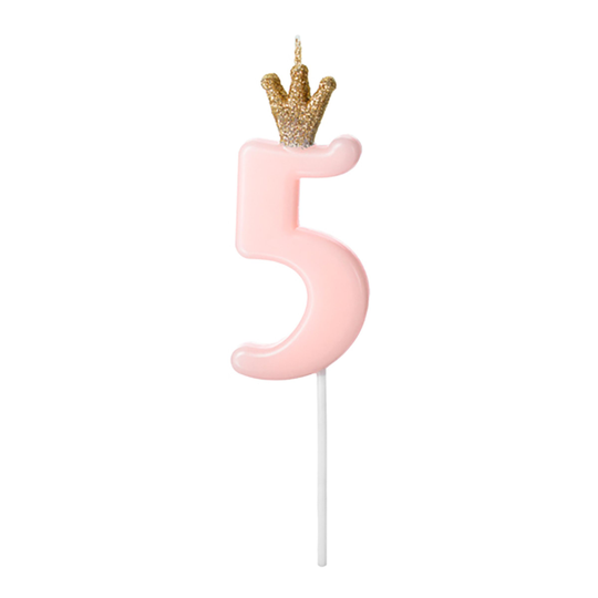 Tårtljus Siffra med Krona Rosa - 5 år