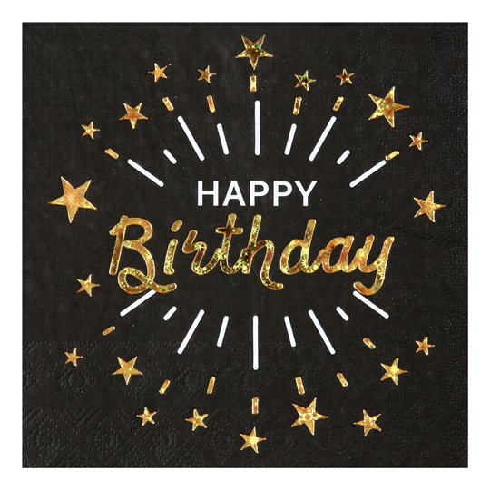 Servetter Sparkling Happy Birthday Svart/Guld - 10-pack