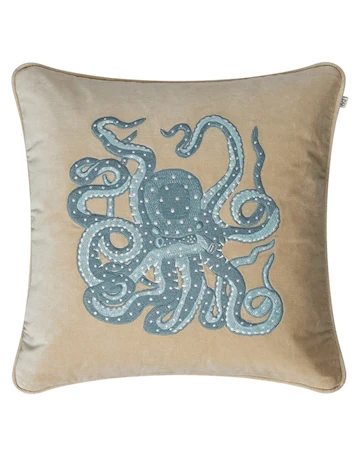 Embroidered Kuddfodral Octopus Beige/Aqua 50x50cm