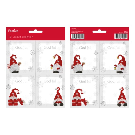Juletiketter med Tomtar - 12-pack