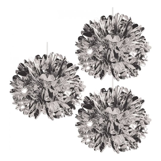 Pom Pom Silvermetallic Hängande Dekoration - 3-pack