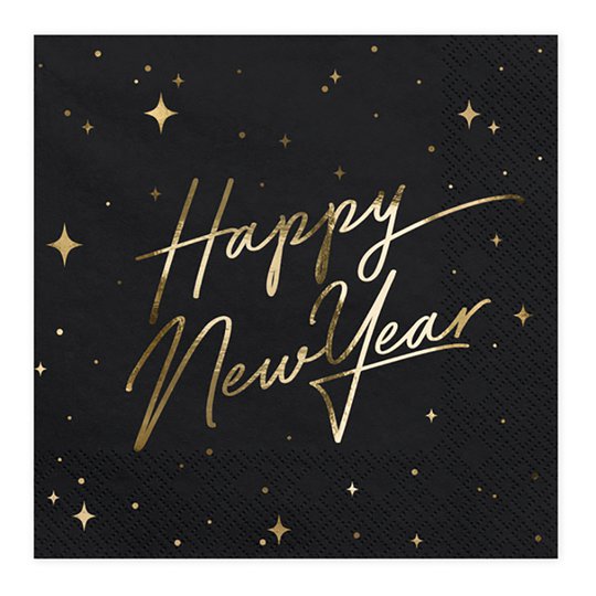 Servetter Happy New Year Guld Metallic/Svart - 20-pack