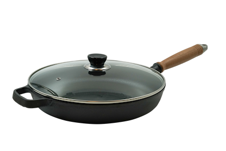 Stekpanna Gjutjärn 28 cm med valnötshandtag och glaslock