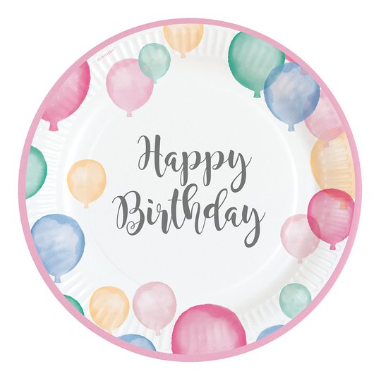 Papperstallrikar Pastell Happy Birthday - 8-pack