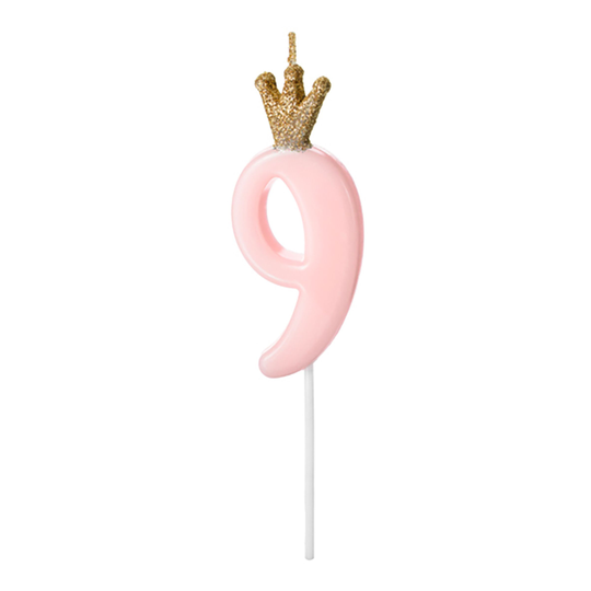 Tårtljus Siffra med Krona Rosa - 9 år
