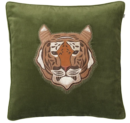 Embroidered Kuddfodral Tiger Velvet Kaktusgrön 50x50cm