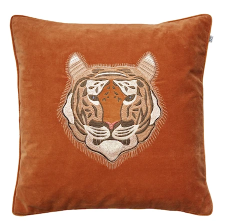 Embroidered Kuddfodral Tiger Velvet Orange 50x50cm