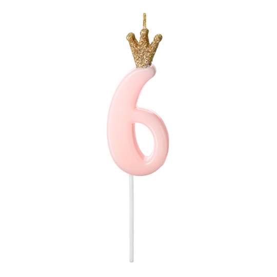 Tårtljus Siffra med Krona Rosa - 6 år