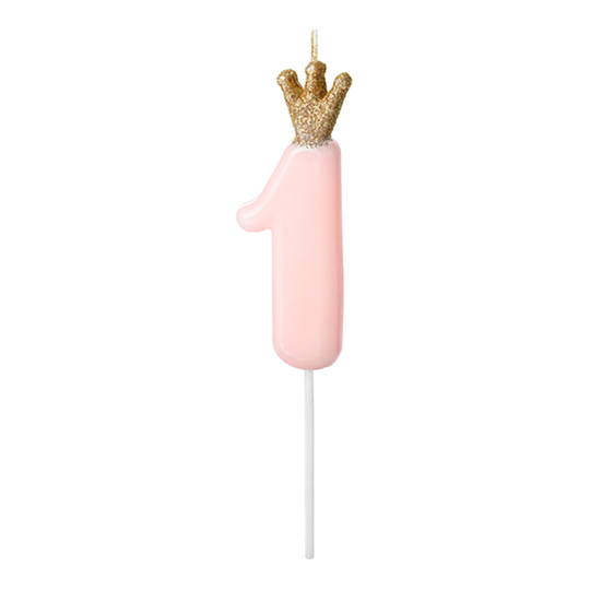Tårtljus Siffra med Krona Rosa - 1 år
