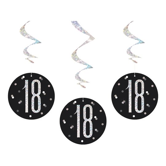 Siffra 18 Svart/Silver Hängande Dekoration - 6-pack
